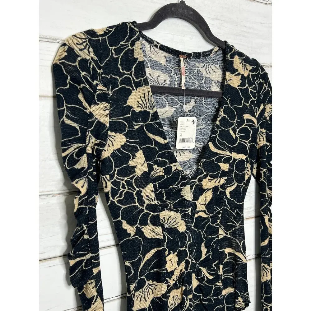 Free People Through The Meadow Black Floral Ruched Long Sleeve Mesh Knit Top XS